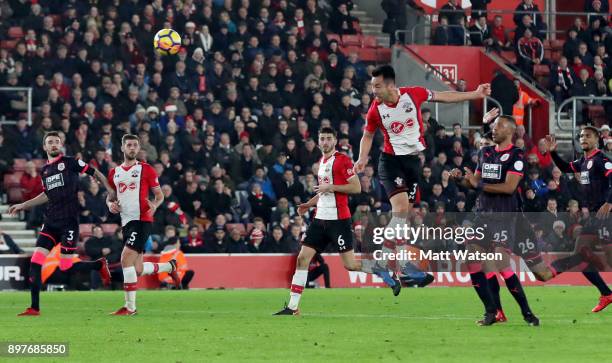 Southamptonâs Maya Yoshida heads at goal during the Premier League match between Southampton and Huddersfield Town at St Mary's Stadium on December...