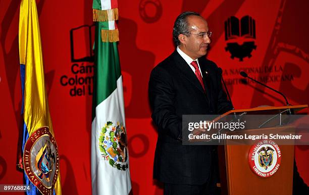 Mexican leader Felipe Calderon speaks during the inauguration of the XXII Bogota International Book Fair on August 12, 2009 in Bogota, Colombia. In a...