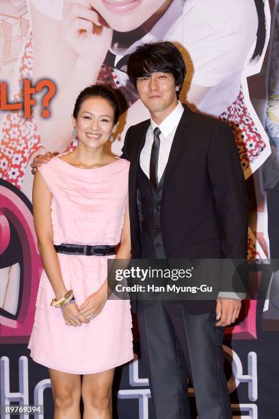 Actress Zhang Ziyi and actor So Ji-Sub attend the "Sophie's Revenge" press conference at Shilla Hotel on August 13, 2009 in Seoul, South Korea. The...