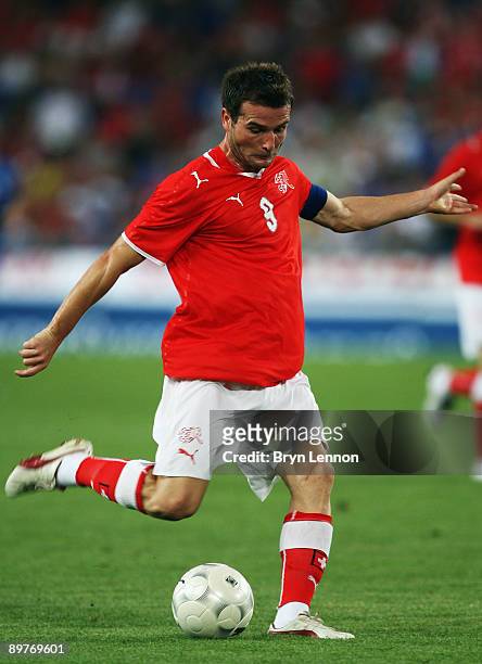 Switzerland Captain Alexander Frei in action during the International Friendly between Switzerland and Italy at St. Jakob-Park on August 12, 2009 in...