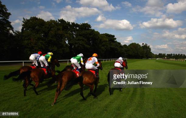 Runners and riders at the start of the fifth race at Sandown Park on August 13, 2009 in Esher, England.