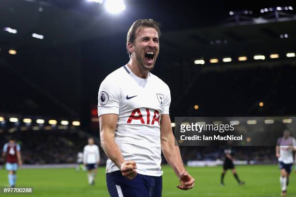 Harry Kane of Tottenham Hotspur celebrates after scoring his and his sides third goal during the Premier League match between Burnley and Tottenham...