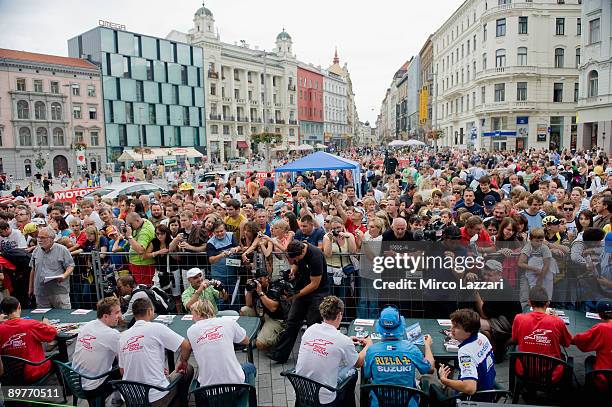 Riders sign autographs for fans at the pre-event Floorball Match with Riders in Brno city on August 13, 2009 in Brno, Czech Republic.