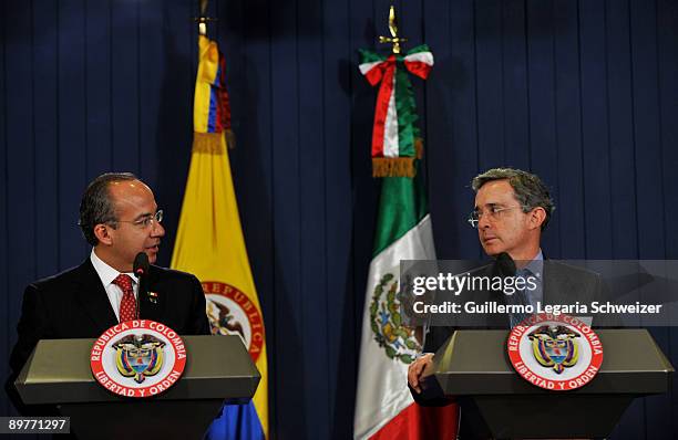 Colombia's President Alvaro Uribe and Mexico's President Felipe Calderon hold a joint press conference at the presidential residence Casa de Narino...