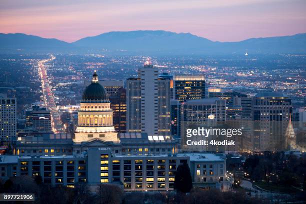 view of salt lake city at dawn - salt lake city stock pictures, royalty-free photos & images