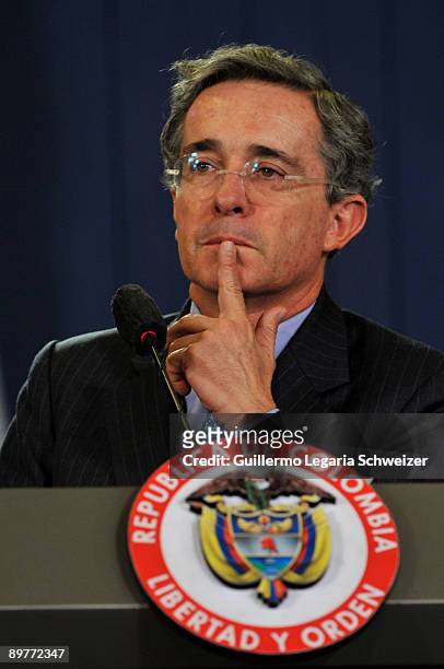 Colombia's President Alvaro Uribe speaks during a joint press conference with his Mexican counterpart Felipe Calderon at the presidential residence...