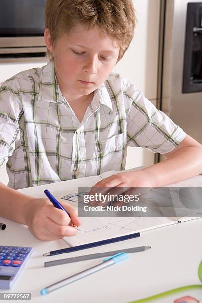 boy 11, studying at home - gradenboog stockfoto's en -beelden