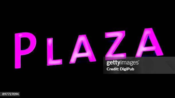 “plaza” pink led light internally illuminated sign against black background - alpena michigan stock pictures, royalty-free photos & images