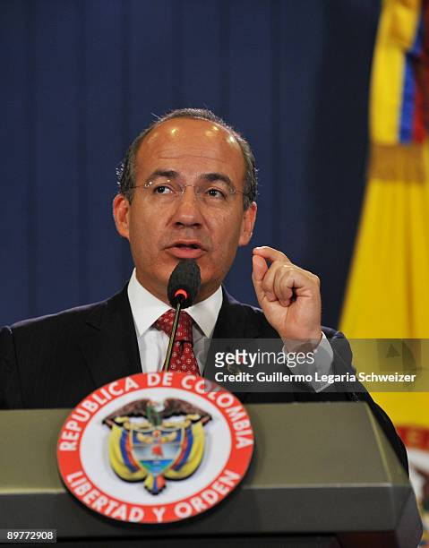 Mexico's President Felipe Calderon speaks during a joint press conference with his Colombian counterpart Alvaro Uribe at the presidential residence...