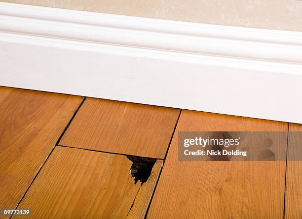 wooden floor with hole in - skirting board stock pictures, royalty-free photos & images