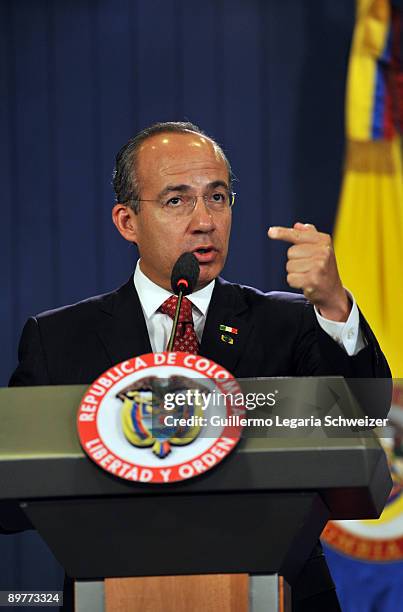 Mexico's President Felipe Calderon speaks during a joint press conference with his Colombian counterpart Alvaro Uribe at the presidential residence...