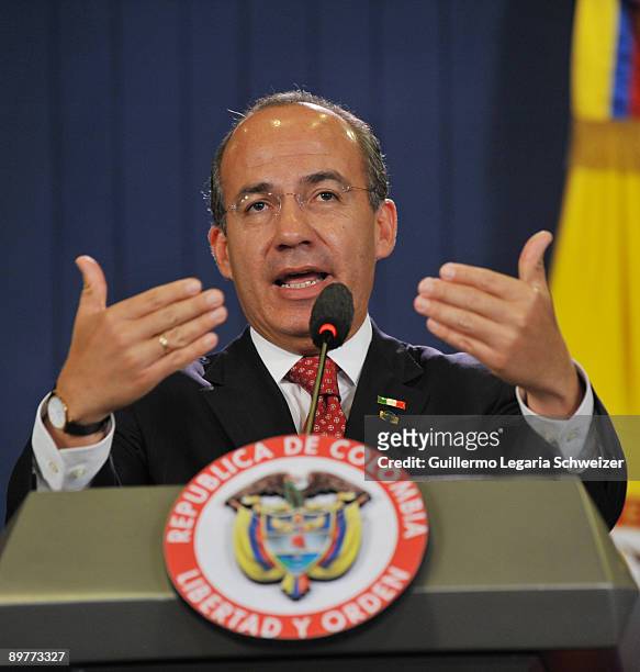Mexico's President Felipe Calderon speaks during a joint press conference with his Colombian counterpart Alvaro Uribe at the presidential residence...