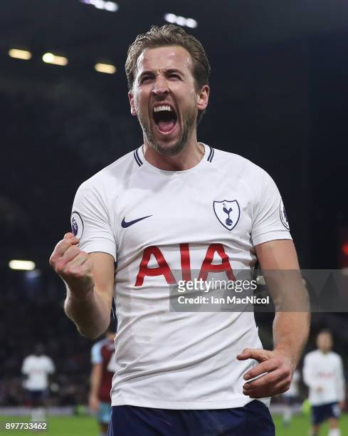 Harry Kane of Tottenham Hotspur celebrates after he scores his third goal during the Premier League match between Burnley and Tottenham Hotspur at...
