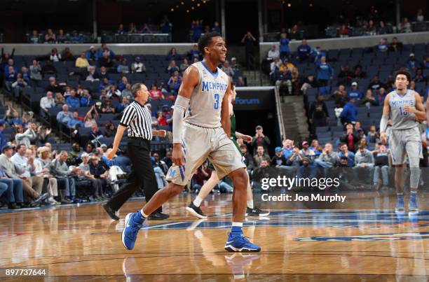 Jeremiah Martin of the Memphis Tigers celebrates against the Loyola-Maryland Greyhounds on December 23, 2017 at FedExForum in Memphis, Tennessee....