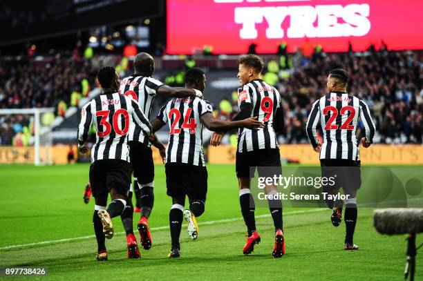Newcastle players seen L-R Christian Atsu, Mohamed Diame, Henri Saivet, Dwight Gayle and DeAndre Yedlin celebrate after Henri Saivet equalises with a...