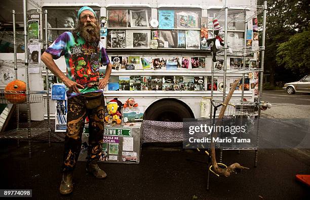 Ricochet stands by his bus as the 40th anniversary of the Woodstock music festival approaches August 13, 2009 in Woodstock, New York. On August 15-17...