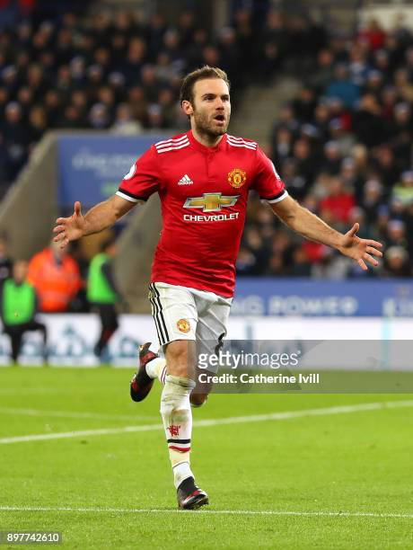 Juan Mata of Manchester United celebrates scoring his team's second goal during the Premier League match between Leicester City and Manchester United...