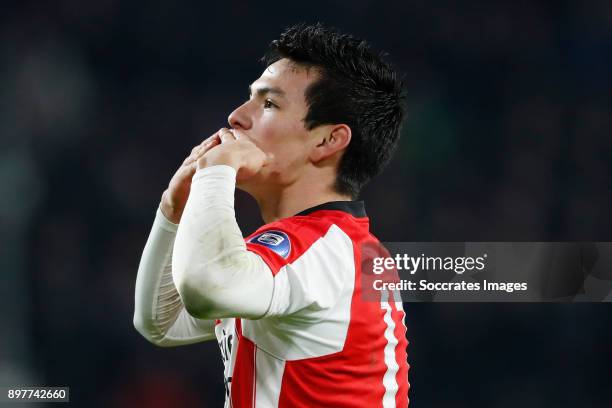 Hirving Lozano of PSV Celebrate his goal during the Dutch Eredivisie match between PSV v Vitesse at the Philips Stadium on December 23, 2017 in...