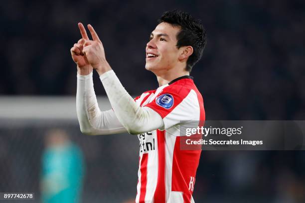 Hirving Lozano of PSV Celebrate his goal during the Dutch Eredivisie match between PSV v Vitesse at the Philips Stadium on December 23, 2017 in...
