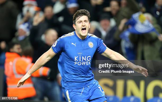 Harry Maguire of Leicester City celebrates after scoring to make it 2-2 during the Premier League match between Leicester City and Manchester United...