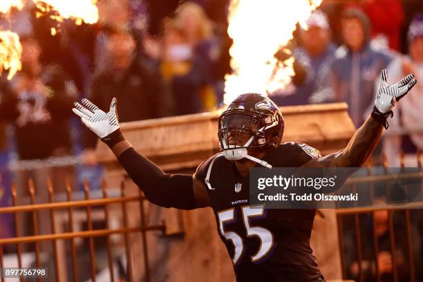 Outside Linebacker Terrell Suggs of the Baltimore Ravens takes the field prior to the game against the Indianapolis Colts at M&T Bank Stadium on...