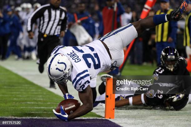 Running back Frank Gore of the Indianapolis Colts rushes for a touchdown in the second quarter against the Baltimore Ravens at M&T Bank Stadium on...