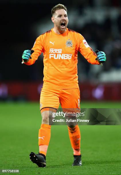 Rob Elliot goalkeeper of Newcastle celebrates at full time during the Premier League match between West Ham United and Newcastle United at London...