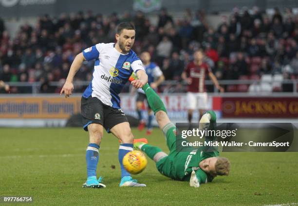 Blackburn Rovers Craig Conway fails to beat Northampton Town's David Cornell during the Sky Bet League One match between Northampton Town and...