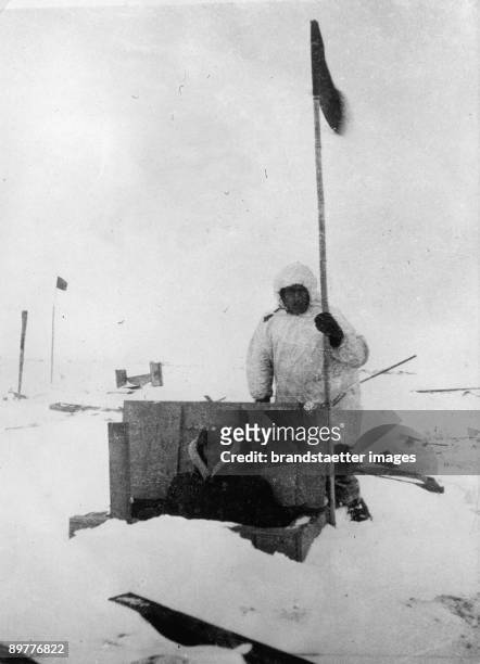 American polar explorer Richard Byrd during his South Pole expedition. Photograph. 1930.