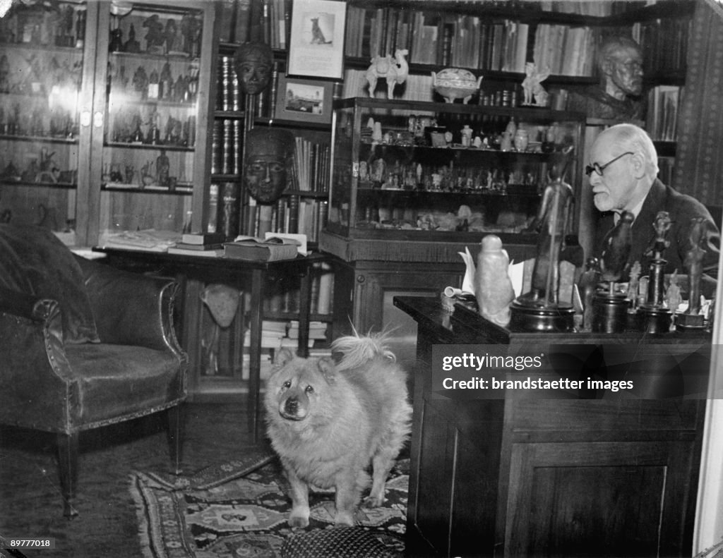 Sigmung Freud, Austrian psychoanalyst, in his bureau in the Berggasse 19. Austria. Photograph. Around 1935.