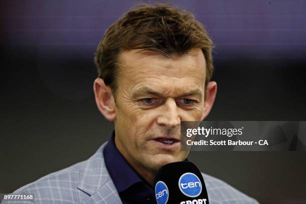 Network Ten commentator Adam Gilchrist looks on during the Big Bash League match between the Melbourne Renegades and the Brisbane Heat at Etihad...