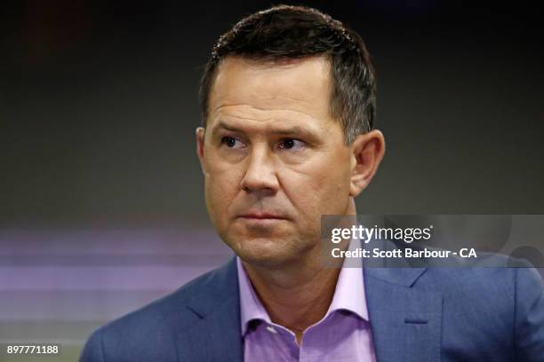 Network Ten commentator Ricky Ponting looks on during the Big Bash League match between the Melbourne Renegades and the Brisbane Heat at Etihad...