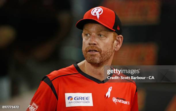 Andrew McDonald, coach of the Renegades looks on during the Big Bash League match between the Melbourne Renegades and the Brisbane Heat at Etihad...