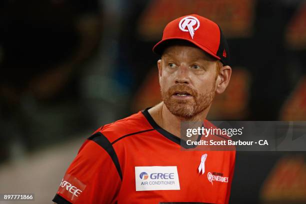 Andrew McDonald, coach of the Renegades looks on during the Big Bash League match between the Melbourne Renegades and the Brisbane Heat at Etihad...