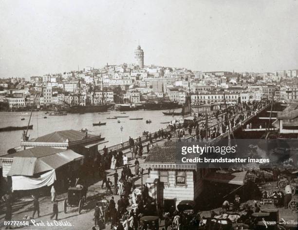 The Galata Bridge and the Galata Tower in Constantinople. Lantern slide. Around 1910.