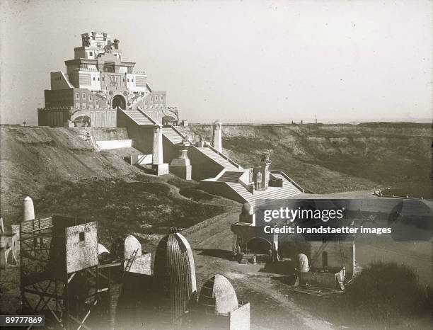 The "Temple of Sodom". The scenery of the Austrian silent epic film "Queen of Sin and the Spectacle of Sodom and Gomorrha". The film's architecture...
