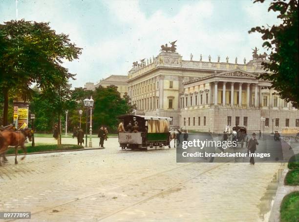 The Parliament building and the Ringstrasse. Vienna, first district. Hand-colored lantern slide. Around 1900.