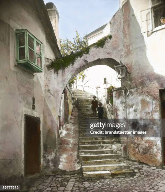 Old Stairway in Stein. Wachau. Lower Austria. Hand-colored lantern slide. Around 1910.