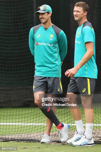 Mitchell Starc ruled out with injury looks on next to his possible replacement Jackson Bird walk during an Australian nets session at the Melbourne...