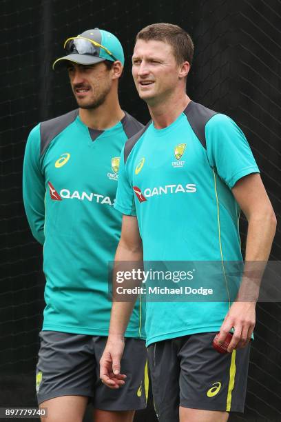 Mitchell Starc ruled out with injury looks on next to his possible replacement Jackson Bird walk during an Australian nets session at the Melbourne...