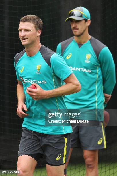 Mitchell Starc ruled out with injury looks on next to his possible replacement Jackson Bird walk during an Australian nets session at the Melbourne...
