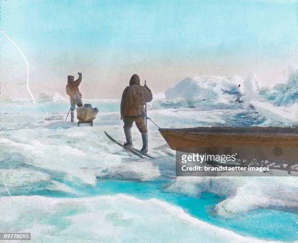 Members of the Fridtjof Nansen North Pole expedition leaving for the south. Arctic. Hand-colored lantern slide. 1895