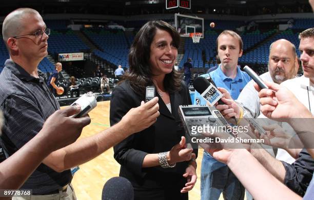 Donna Orender, President of the WNBA, talks to the press before the game between the Minnesota Lynx and the Indiana Fever on August 13, 2009 at the...