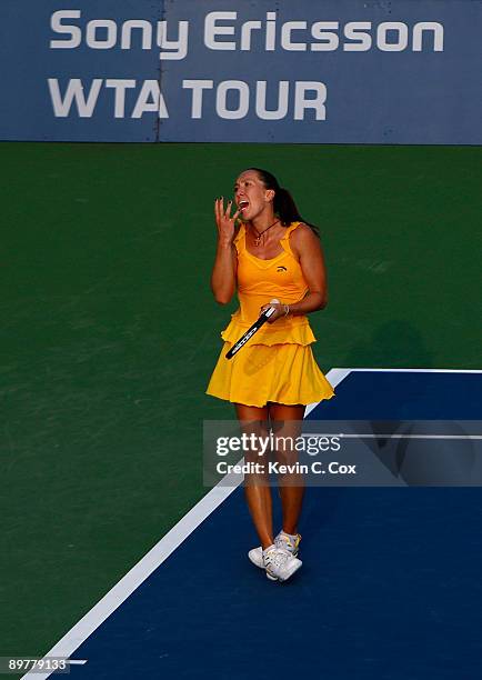 Jelena Jankovic of Serbia reacts after losing a point to Victoria Azarenka of Belarus during Day 4 of the Western & Southern Financial Group Women's...