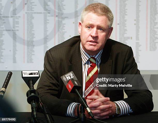 Of the New Zealand Rugby Union Steve Tew speaks to the media during a press conference at the NZOC Headquarters on August 14, 2009 in Wellington, New...