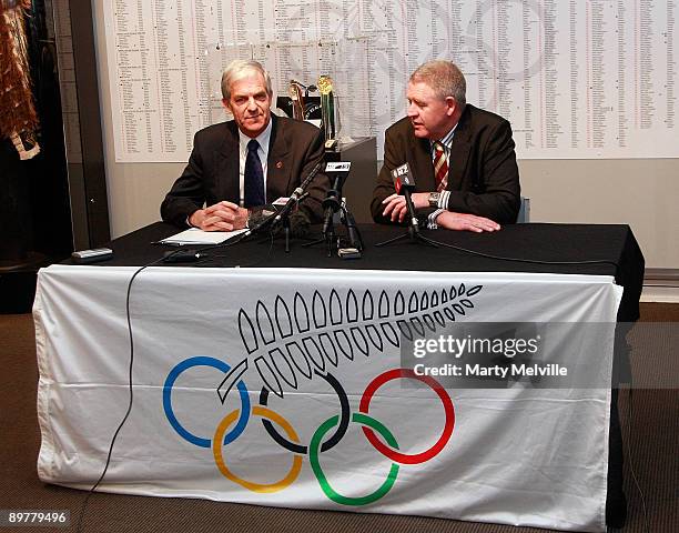 Of the New Zealand Rugby Union Steve Tew speaks to the media with Secretary General of the New Zealand Olympic Committee Barry Maister during a press...