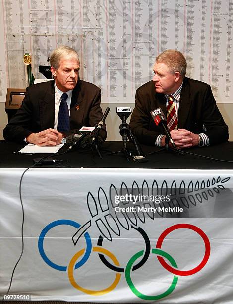 Of the New Zealand Rugby Union Steve Tew speaks to the media with Secretary General of the New Zealand Olympic Committee Barry Maister during a press...