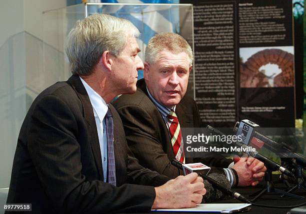 Of the New Zealand Rugby Union Steve Tew speaks to the media with Secretary General of the New Zealand Olympic Committee Barry Maister during a press...