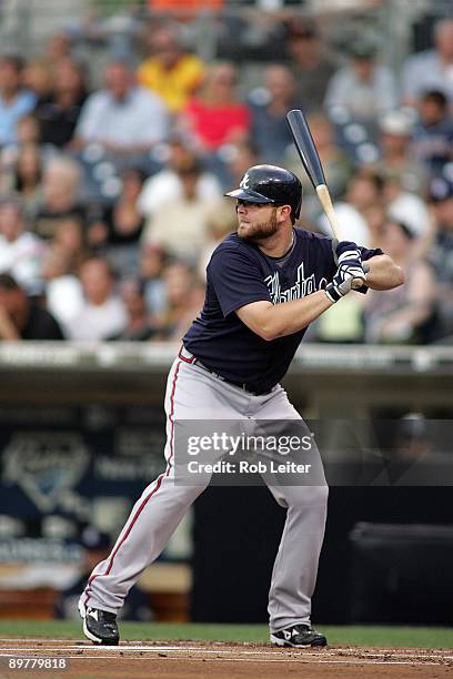 Brian McCann of the Atlanta Braves bats during the game against the San Diego Padres at Petco Park on August 4, 2009 in San Diego, California. The...