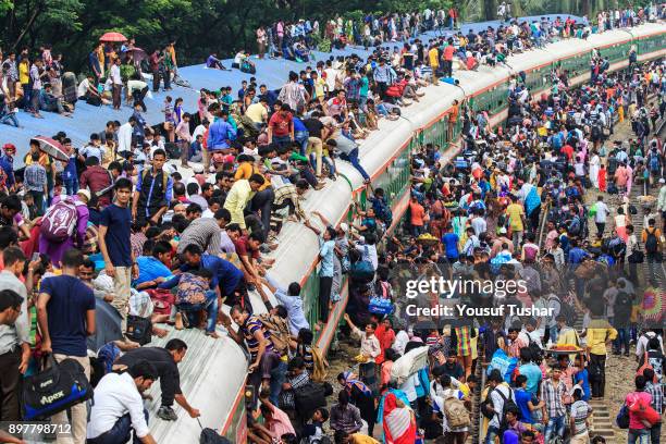 Failed to get place inside the train people are climbed on the roof and out side of the train during the time of Eid-ul Adha one of the biggest...